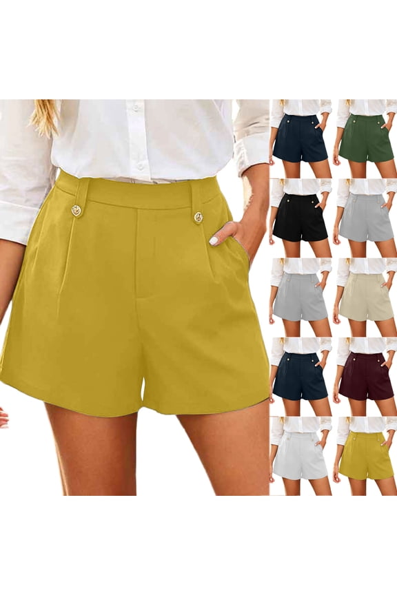 Womens Shorts Summer Dressy Casual Elastic High Waisted Button Decor Pleated Shorts with Pockets Loose Wide Leg Work Business Short Pants