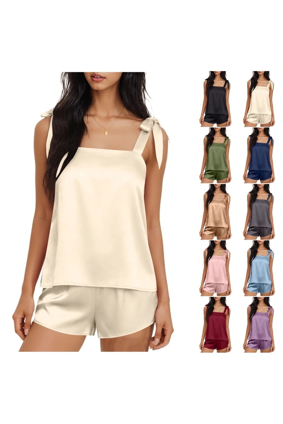 Womens Silk Pajama Set Bow Tie Knot Tank Top Satin Pjs Sets for Bridal Party 2 Piece Adjustable Strap Cami Shorts Sleepwear Green M