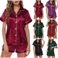 thumbnail image 1 of Bloomae Womens Silk Satin Pajama Sets Soft Short Sleeve Button Down Lapel Collared Sleepwear Tops with Pocket and Elastic Waist Shorts 2 Piece Pjs Lounge Set, 1 of 5