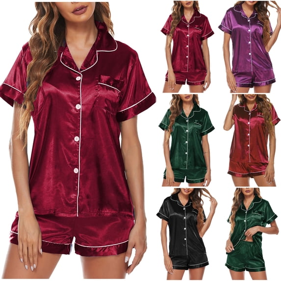 Bloomae Womens Silk Satin Pajama Sets Soft Short Sleeve Button Down Lapel Collared Sleepwear Tops with Pocket and Elastic Waist Shorts 2 Piece Pjs Lounge Set