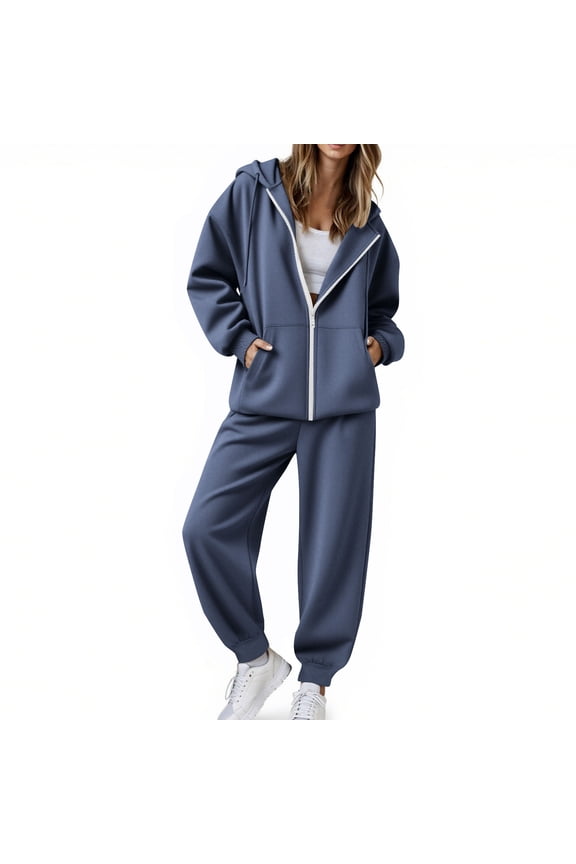 Womens Spring Tracksuit Full Zip Up Drawstring Long Sleeve Hoodie Sweatshirts and Jogger Sweatpants Set 2 Pieces Sweatsuits Athletic Sets with Pockets Dark Blue M