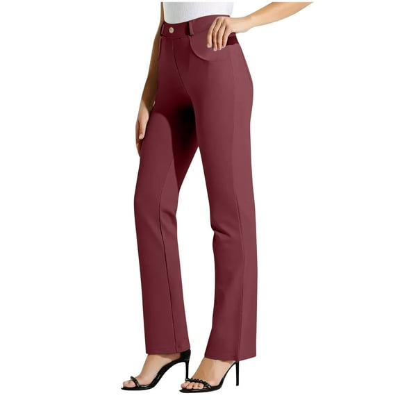 Bloomae Womens Stretchy Dress Pants Trendy Casual Business Trousers Elastic Button Waist Office Slacks New 2025 Work Outfits with Pockets Wine S