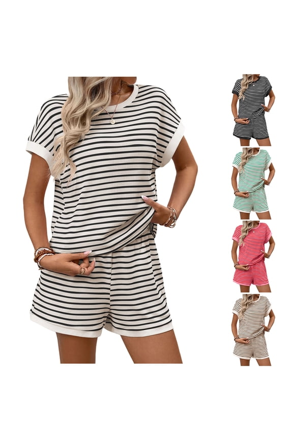 Womens Summer 2 Piece Sets Striped Short Sleeve Crew Neck Basic Athletic T Shirts and Shorts Loose Comfy Loungewear Matching Outfit Set Hot Pink S