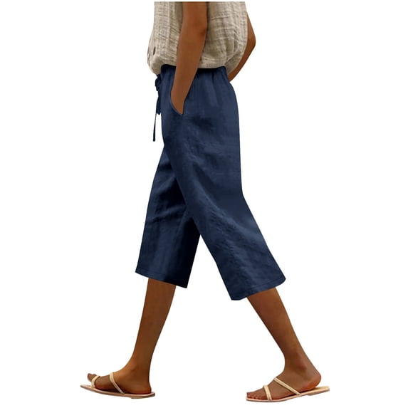 Bloomae Womens Summer Bermuda Linen Shorts Knee Length Lightweight Loose Plus Size Soft Cotton Casual Shorts with Pockets Dark Blue M