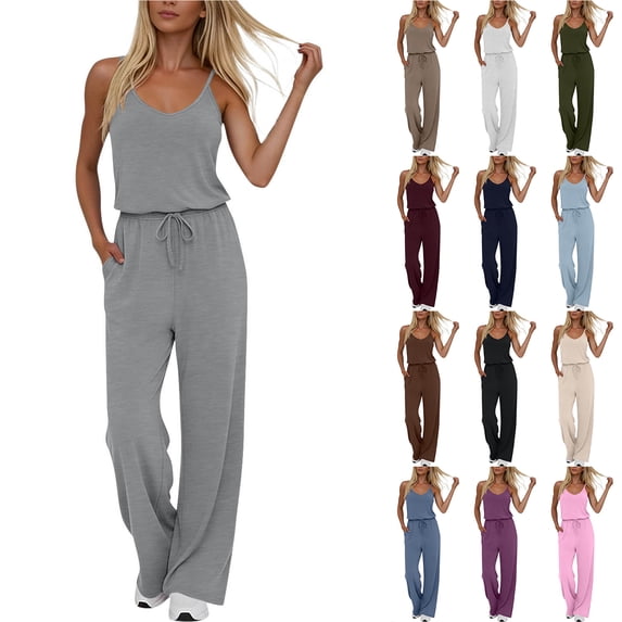 Bloomae Womens Summer Jumpsuits Dressy Sleeveless Adjustable Spaghetti Strap V Neck Wide Leg Long Pants Rompers Casual One Piece Beach Vacation Travel Outfits with Pockets Purple S