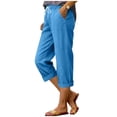 thumbnail image 1 of Bloomae Womens Summer Linen Capris Pants Causal Drawstring Elastic Waist Soft Cotton Pants Lightweight Loose Comfy Rolled-up Trim Cropped Trousers with Pockets Blue XL, 1 of 7