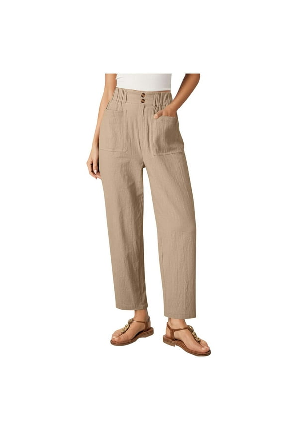 Womens Summer Pants Lightweight Casual Capri Baggy Ankle Length Stretch High Waisted Harem Palazzo Pant Trouser Slacks with Pockets Khaki L
