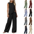thumbnail image 1 of Bloomae Womens Summer Two Piece Sets Trendy Soft Cotton Linen Sleeveless Asymmetrical Crewneck Tank Tops Drawstring Waist Wide Leg Pants Set Lightweight Beach Vacation Cruise Outfits Navy XXL, 1 of 7