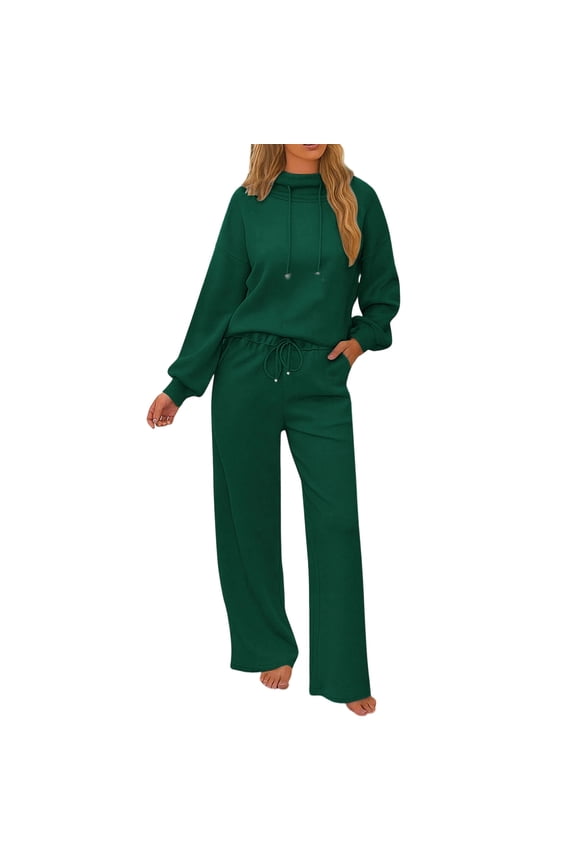 Womens Sweatsuits 2 Piece Set Fashion Casual Drawstring Long Sleeve Mock Neck Hoodie Sweatshirts Loose Wide Leg Jogger Sweatpants Fall Spring Tracksuit Green XL