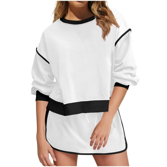 Bloomae Womens Sweatsuits 2 Piece Set Long Sleeve Crewneck Sweatshirts Drawstring High Waisted Skort Skirts Tennis Running Tracksuits Trendy Cozy Lounge Shorts Sets White S