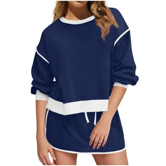 Bloomae Womens Sweatsuits 2 Piece Set Long Sleeve Crewneck Sweatshirts Drawstring High Waisted Skort Skirts Tennis Running Tracksuits Trendy Cozy Lounge Shorts Sets Blue XXL