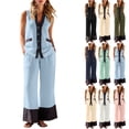 thumbnail image 1 of Bloomae Womens Two Piece Linen Outfits Summer Fashion Color Block Button V Neck Sleeveless Tank Tops and Loose Wide Leg Pants Suit with Pockets Matching Lounge Sets Beige L, 1 of 10