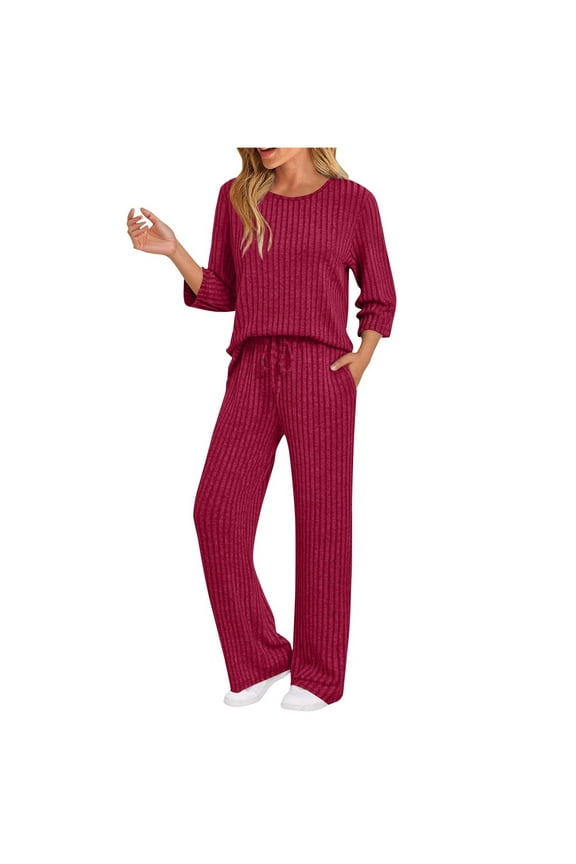 Womens Two Piece Matching Outfits Lounge Sets Casual Ribbed Knitted 3/4 Sleeve Basic Crew Neck Sweater and Pants Loose Oversized Comfy Sweatsuits Loungewear with Pockets Hot Pink XL