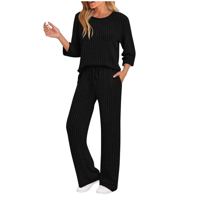Bloomae Womens Two Piece Matching Outfits Lounge Sets Casual Ribbed Knitted 3/4 Sleeve Basic Crew Neck Sweater and Pants Loose Oversized Comfy Sweatsuits Loungewear with Pockets Black M