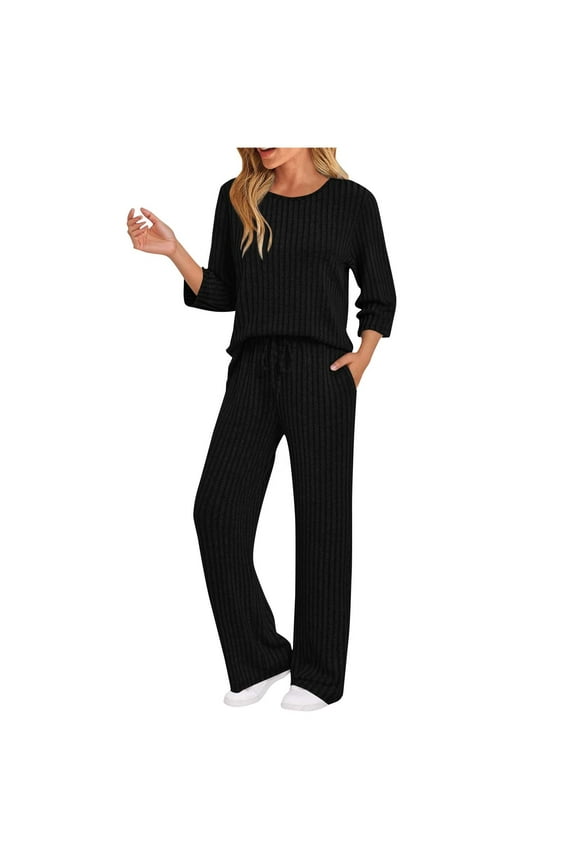 Womens Two Piece Matching Outfits Lounge Sets Casual Ribbed Knitted 3/4 Sleeve Basic Crew Neck Sweater and Pants Loose Oversized Comfy Sweatsuits Loungewear with Pockets Black L