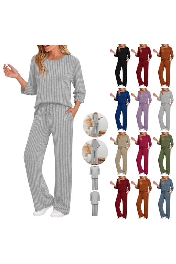 Womens Two Piece Matching Outfits Lounge Sets Casual Ribbed Knitted 3/4 Sleeve Basic Crew Neck Sweater and Pants Loose Oversized Comfy Sweatsuits Loungewear with Pockets Blue L