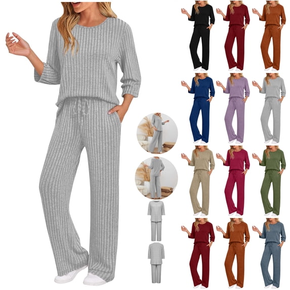 Bloomae Womens Two Piece Matching Outfits Lounge Sets Casual Ribbed Knitted 3/4 Sleeve Basic Crew Neck Sweater and Pants Loose Oversized Comfy Sweatsuits Loungewear with Pockets