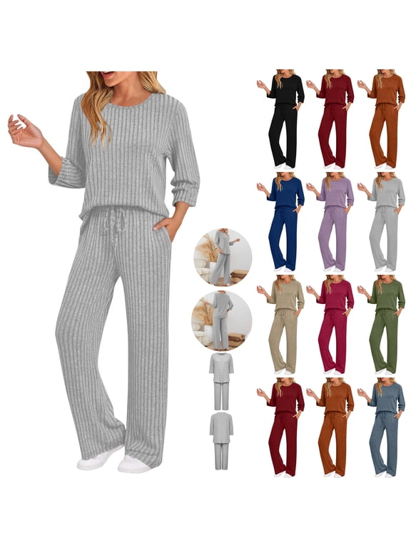 Womens Two Piece Matching Outfits Lounge Sets Casual Ribbed Knitted 3/4 Sleeve Basic Crew Neck Sweater and Pants Loose Oversized Comfy Sweatsuits Loungewear with Pockets Hot Pink L