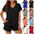 thumbnail image 1 of Bloomae Womens Two Piece Sets Summer V Neck Basic Solid Color Athletic Workout Short Sets Loose Casual Side Slit Short Sleeve Pullover Tops and Drawstring Elastic Waist Shorts with Pockets Orange S, 1 of 7