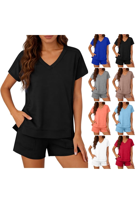 Womens Two Piece Sets Summer V Neck Basic Solid Color Athletic Workout Short Sets Loose Casual Side Slit Short Sleeve Pullover Tops and Drawstring Elastic Waist Shorts with Pockets Blue XL