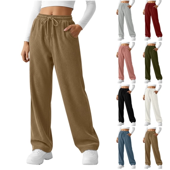 Bloomae Womens Wide Leg Fleece Lined Sweatpants Winter Baggy Corduroy Lounge Travel Pants Fashion Outfits Drawstring Elastic Waist Joggers Clothes Pink S