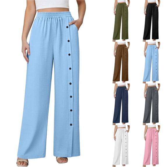 Bloomae Womens Wide Leg Linen Pants Summer Casual Button Decor Baggy Elastic High Waisted Palazzo Beach Vacation Slacks Trousers with Pockets Black M
