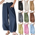 thumbnail image 1 of Bloomae Womens Wide Leg Pants Cotton Linen Barrel Pants Casual Smoked Elastic Waisted Comfy Baggy Lounge Trousers with Pockets Beige L, 1 of 9