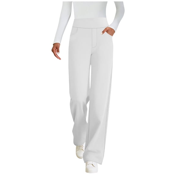 Bloomae Womens Wide Leg Yoga Pants with Pockets High Waist Stretchy Loose Dress Work Business Trousers Loose Casual Sweatpants White S