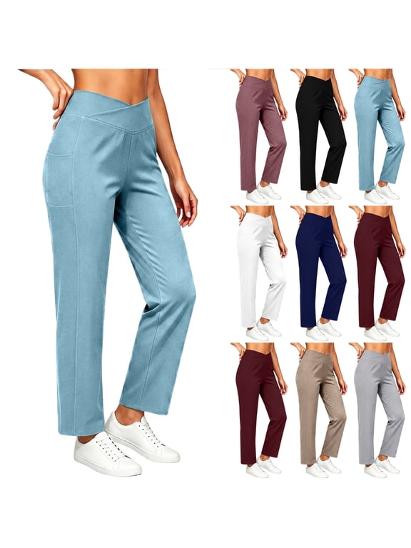 Womens Wide Straight Leg Yoga Pants Crossover Elastic High Waist Work Dress Pants Lounge Sweatpants Loose Casual Business Trousers with Pockets