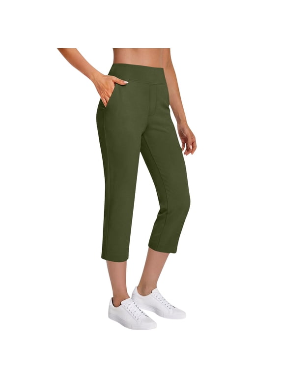 Womens Yoga Capri Pants High Waist Capri Leggings with Pockets Tummy Control Wide Leg Crop Exercise Workout Summer Pants Green XXL