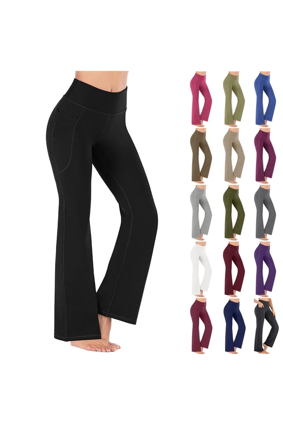 Womens Yoga Pants with Pockets Stretchy High Waisted Flare Leggings Bell Bottom Yoga Dress Pants Seamless Bootcut Work Business Pants Blue S