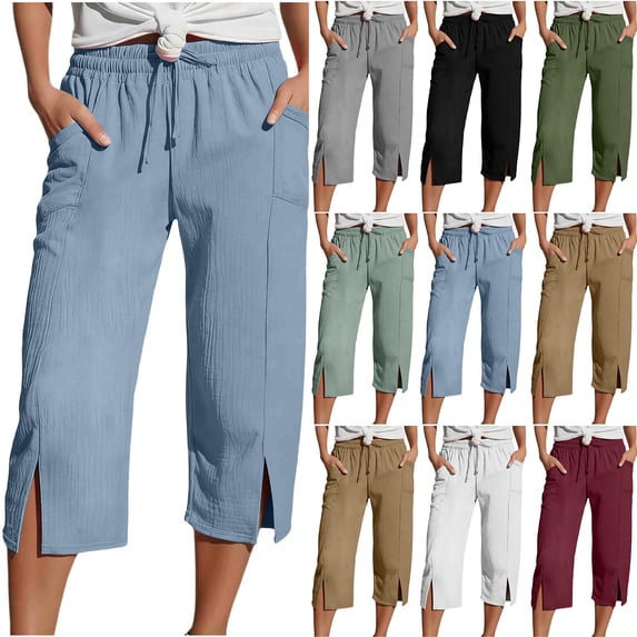 Bloomae Yoga Capris with Pockets for Women Side Slit Wide Leg Cotton Linen Pants Casual Loose Comfy Trendy Solid Color Drawstring Elastic Waist Cropped Trouser with Pockets Khaki XXL