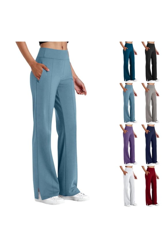 Yoga Flared Pants Women Wide Straight Leg Casual Side Slit Stretchy Work Dress Trousers with Pockets Bootcut Lounge Workout Bell Bottom Leggings White XXL