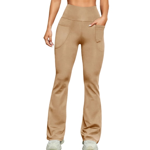 Bloomae Yoga Pants Women Wide Leg High Waist Bootcut Workout Flare Leggings Stretchy Tummy Control Work Dress Pants with Pockets Khaki M