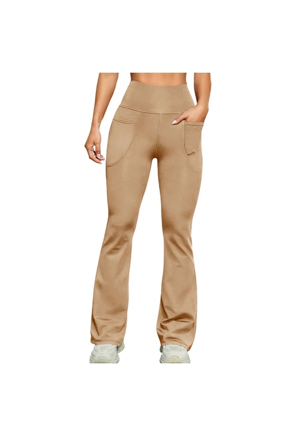 Yoga Pants Women Wide Leg High Waist Bootcut Workout Flare Leggings Stretchy Tummy Control Work Dress Pants with Pockets Khaki XXL