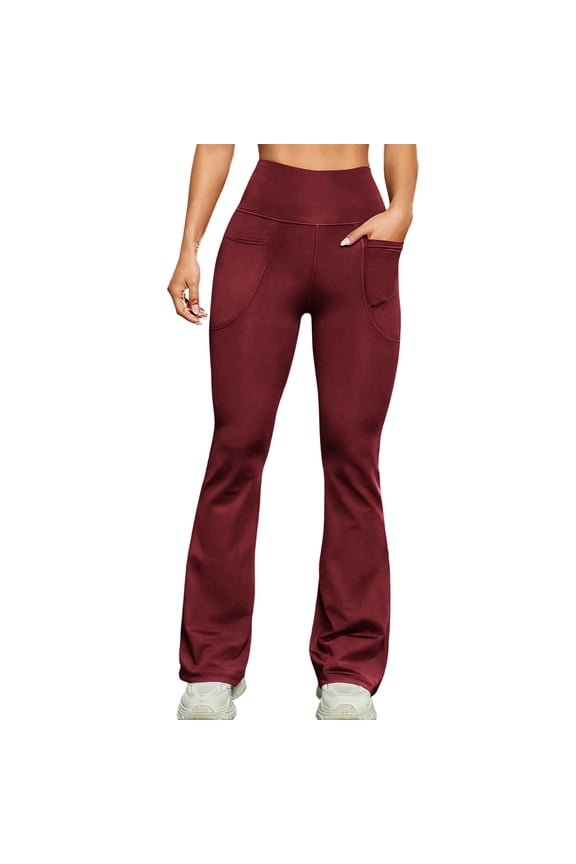Yoga Pants Women Wide Leg High Waist Bootcut Workout Flare Leggings Stretchy Tummy Control Work Dress Pants with Pockets Wine L