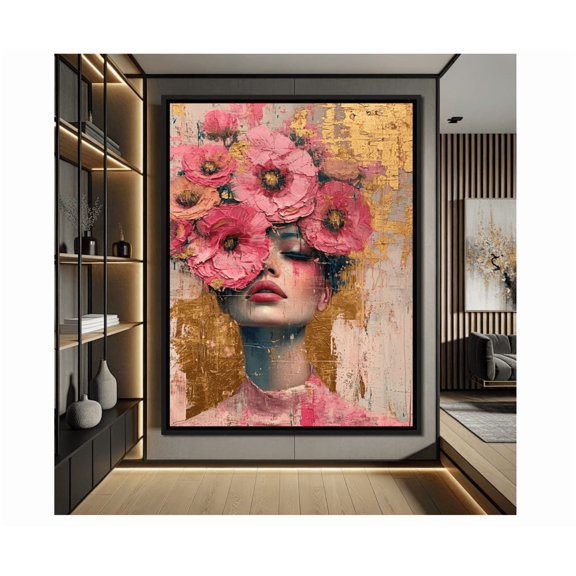 Bloomed Reverie In Gold Flower Portrait Dreamy Decor Feminine Art Mixed Media Luxury Wall Art Abstract Face By NichePoster