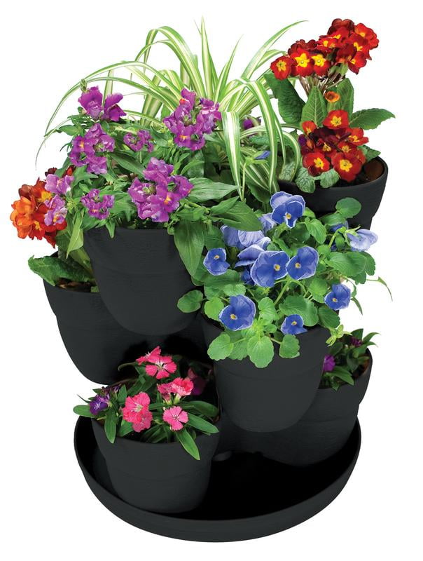 Charcoal Gray Stackable Resin Flower Tower Planter for Indoor/Outdoor Use