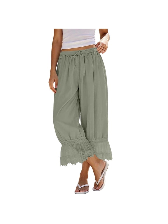 Bloomers Pants for Women Y2K Lace Trim Pants Boho Pantaloons Cute Ruffled Long Pants Capri Pajama Bottoms