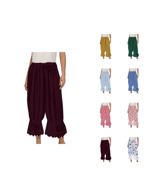 Bloomers for Women Elastic High Waist Casual Y2k Lace Ruffle Hem Cropped Bloomer Pants Pajama Bottoms Loungewear