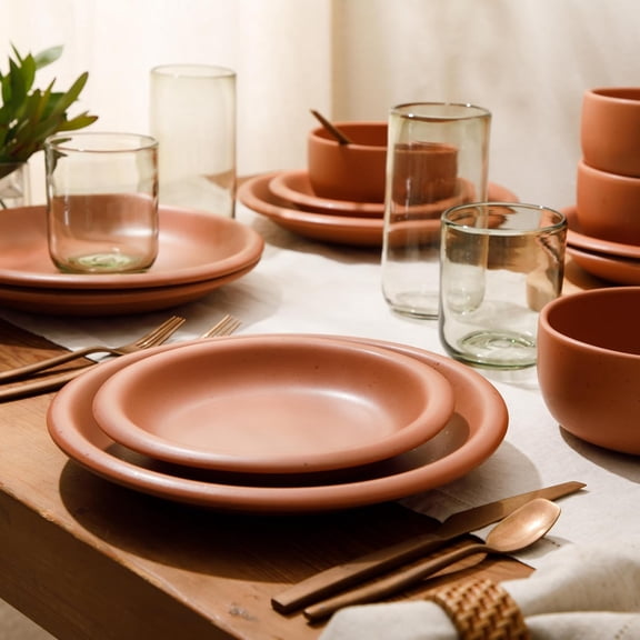 Bloomhouse - Two Time Oprah's Favorite Things Winner - Corsica Clay 12-Piece Stoneware Rustic Reactive Glaze Dinnerware Set - Stackable Plates Bowls Set Service for 4 - Matte Burnt Apricot Terracotta