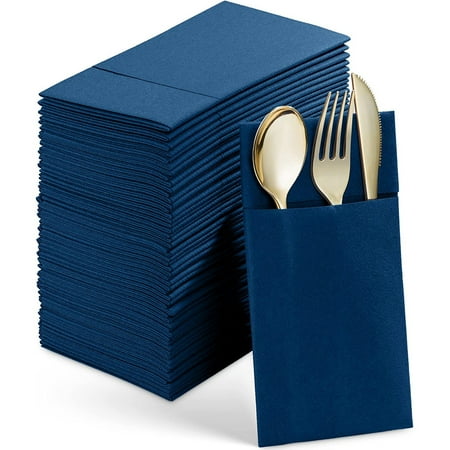 BloominGoods Colored Paper Disposable Dinner Napkins with Flatware Pocket, Dark Blue 50-Pack