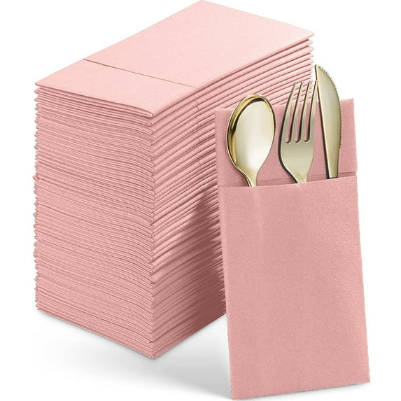 BloominGoods Colored Paper Disposable Dinner Napkins with Flatware Pocket, Pink 50-Pack