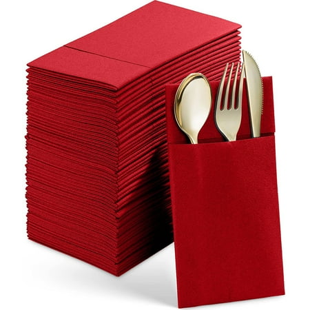 BloominGoods Colored Paper Disposable Dinner Napkins with Flatware Pocket, Red 50-Pack