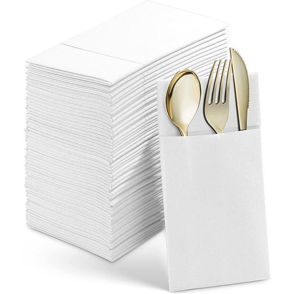 BloominGoods Colored Paper Disposable Dinner Napkins with Flatware Pocket, White 50-Pack