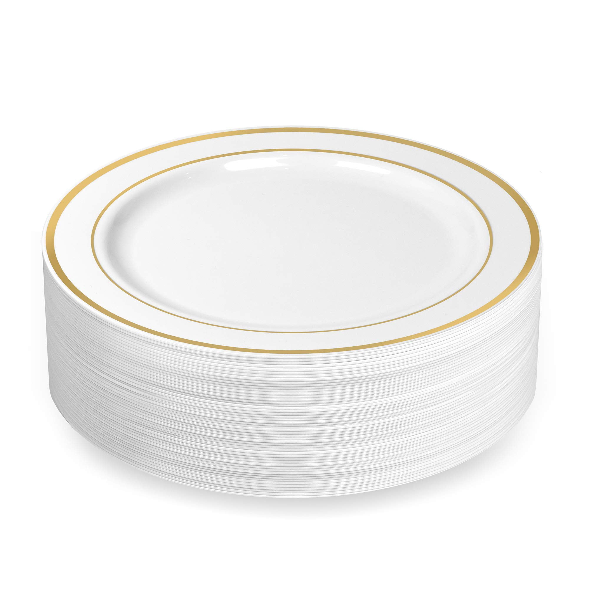 Elegant White and Gold Rim 10.25" Disposable Plastic Dinner Plates, Set of 100