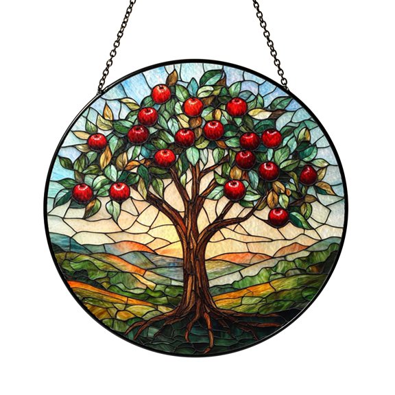 Blooming Apple Tree Stained Glass Suncatcher for Window Decor, Round Nature Art Gift Idea