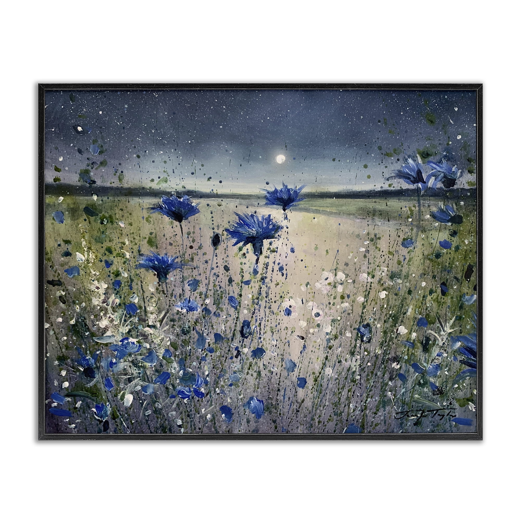 Moon over Blooming Flowers Black Framed Giclee Art, 30 x 24