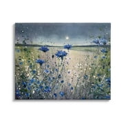 Blooming Blue Flowers Night Moon Landscape Painting Gallery Wrapped Canvas Print Wall Art