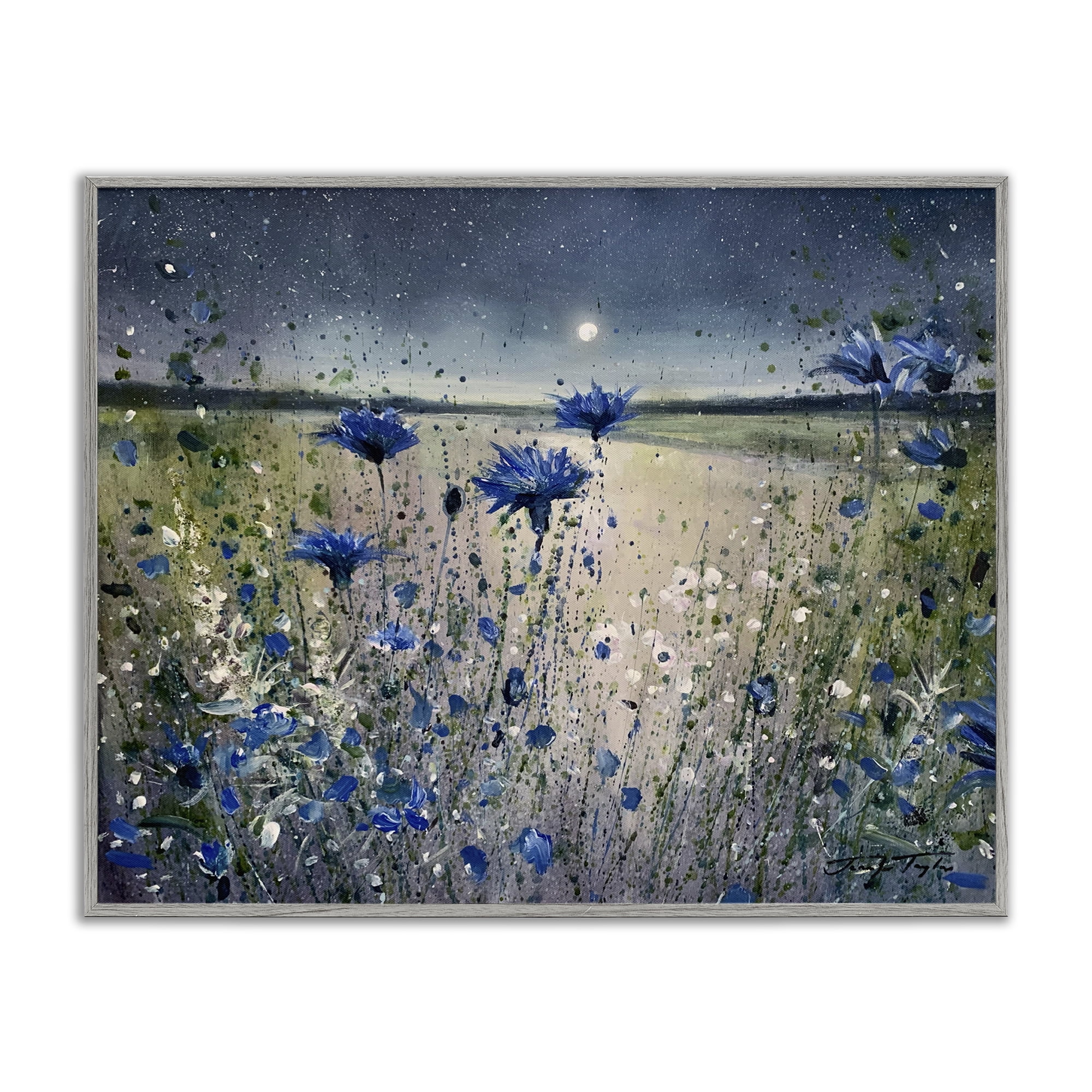 Moon over Blooming Flowers Gray Framed Giclee Art, 14 x 11